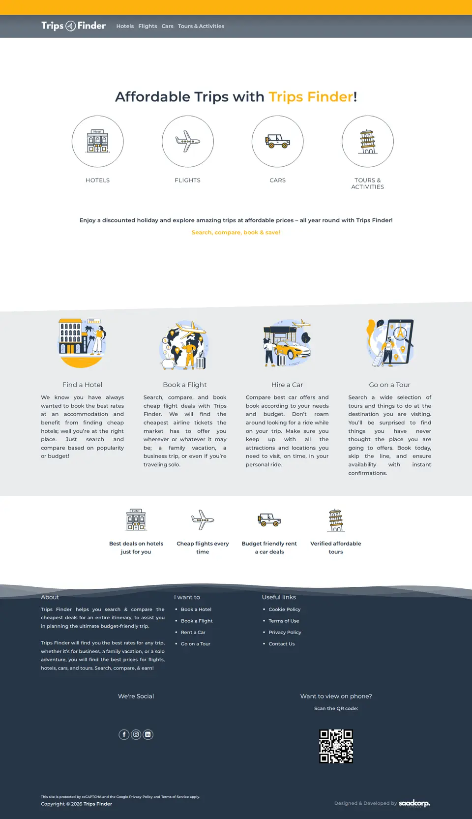 Home page of the Trips Finder website, designed and built by Saadcorp