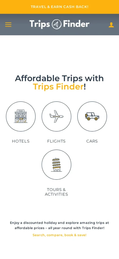 The Trips Finder website on a phone